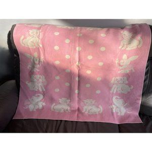 Vintage Baby Blanket pink White polka dot Reversible animal dog cat rabbit